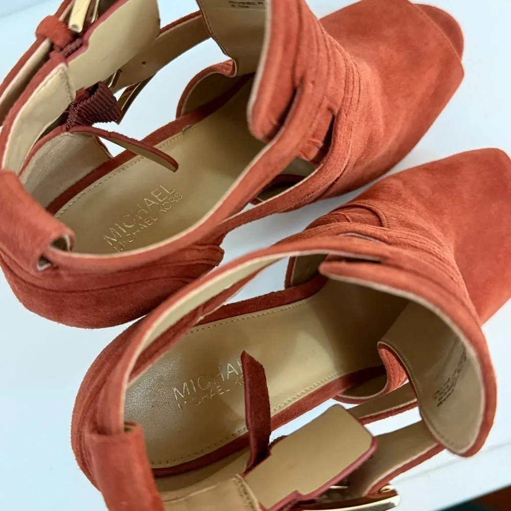 Michael Kors Burnt Orange Suede Cutout Peep-Toe Ankle Booties with Buckles